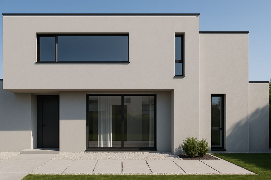Moderne verputzte Fassade mit klaren Linien - Plan Putz AS Referenzprojekt