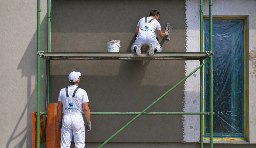 Handwerker bei der WDVS Wärmedämmung Fassade